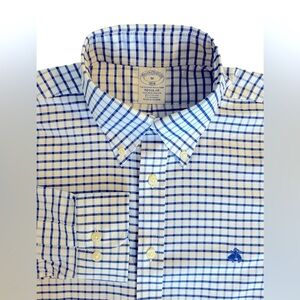 Brooks Brothers Dress Shirt Men Medium White/Blue Check Regular No Iron Stretch